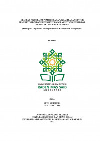 Image of STANDAR AKUNTANSI PEMERINTAHAN, KUALITAS APARATUR PEMERINTAHAN DAN SISTEM INFORMASI AKUNTANSI TERHADAP KUALITAS LAPORAN KEUANGAN (Studi pada Organisasi Perangkat Daerah Kabupaten Karanganyar)