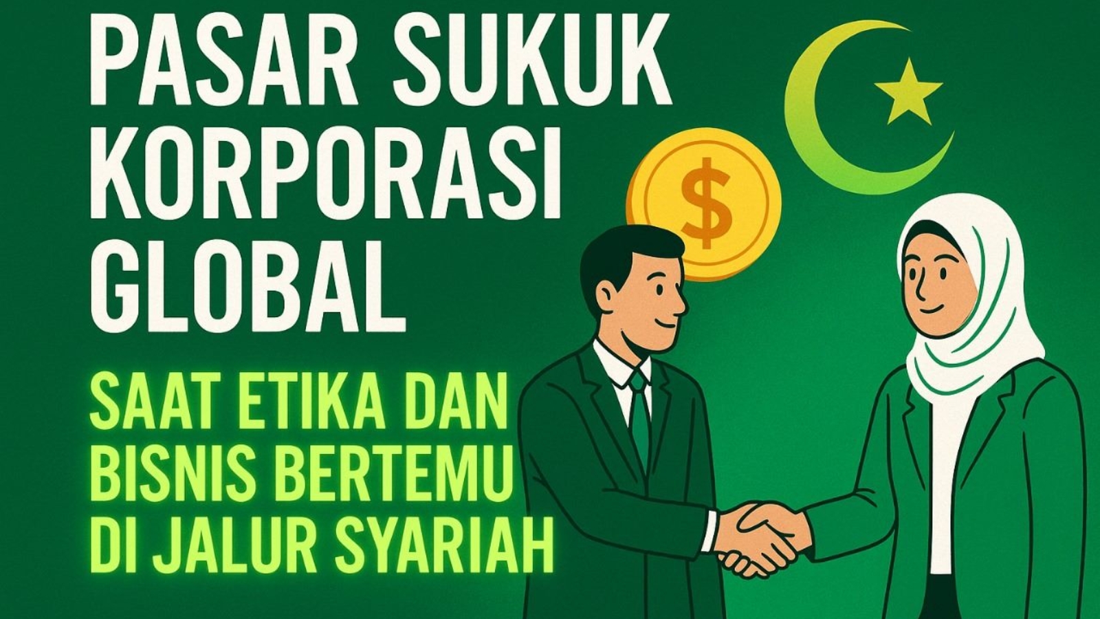 Ilustrasi digital bergaya flat menampilkan pria dan wanita berjabat tangan dengan latar hijau, simbol bulan sabit-bintang Islam, dan ikon dolar emas, disertai teks besar 'Pasar Sukuk Korporasi Global: Saat Etika dan Bisnis Bertemu di Jalur Syariah'