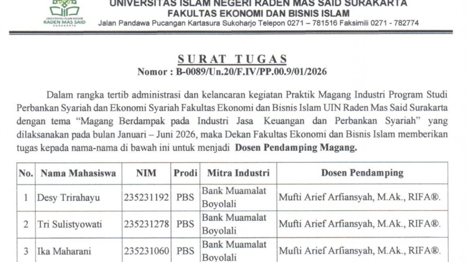 pendamping magang febi uin surakarta